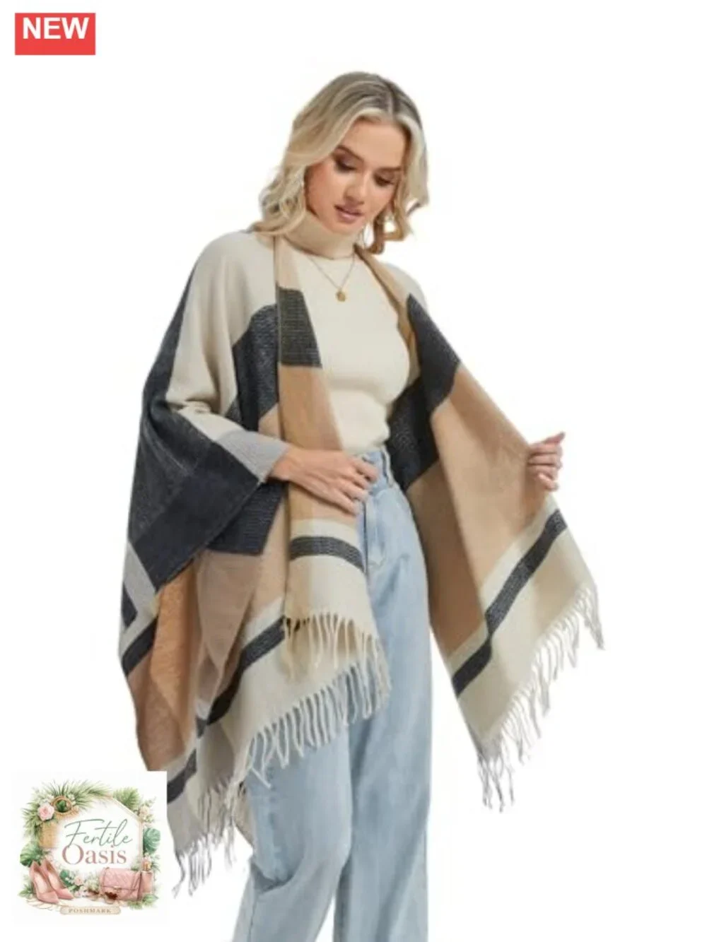 Women's Soft Faux Cashmere Shawl Wrap, Open Front Poncho Cape Cardigan,
